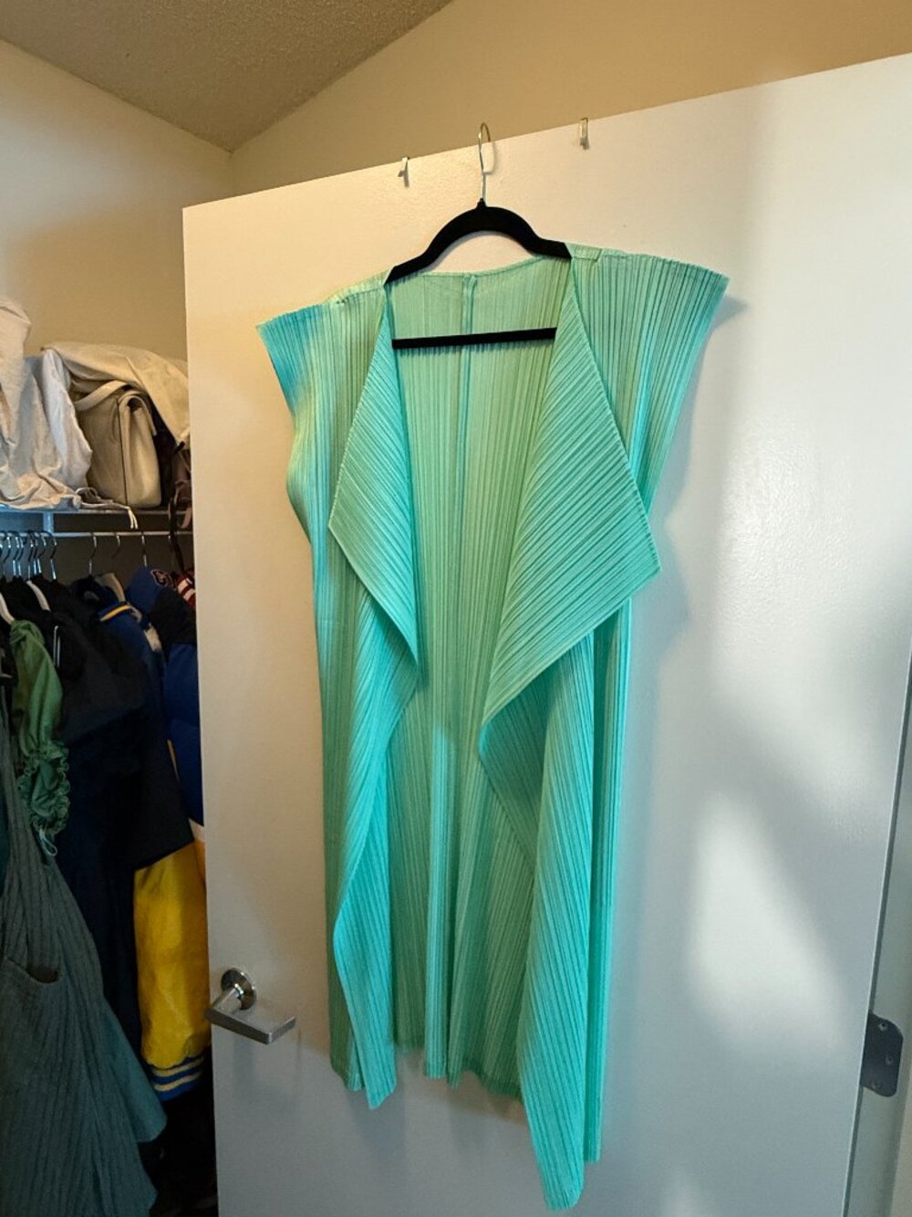 Issey Miyake Pleats Please sea foam green short sleeve cardigan, size 3 (L/XL)